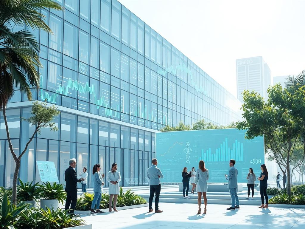 A futuristic modern setting showcasing the SIMD FMD Health Directorate for government. The scene features a sleek, glass building with advanced technology integrated into its design, surrounded by greenery and urban elements. The atmosphere is bright and optimistic, depicting a harmonious blend of nature and innovation. Large screens display health data and information, while diverse professionals engage in discussions, symbolizing collaboration and progress in healthcare.