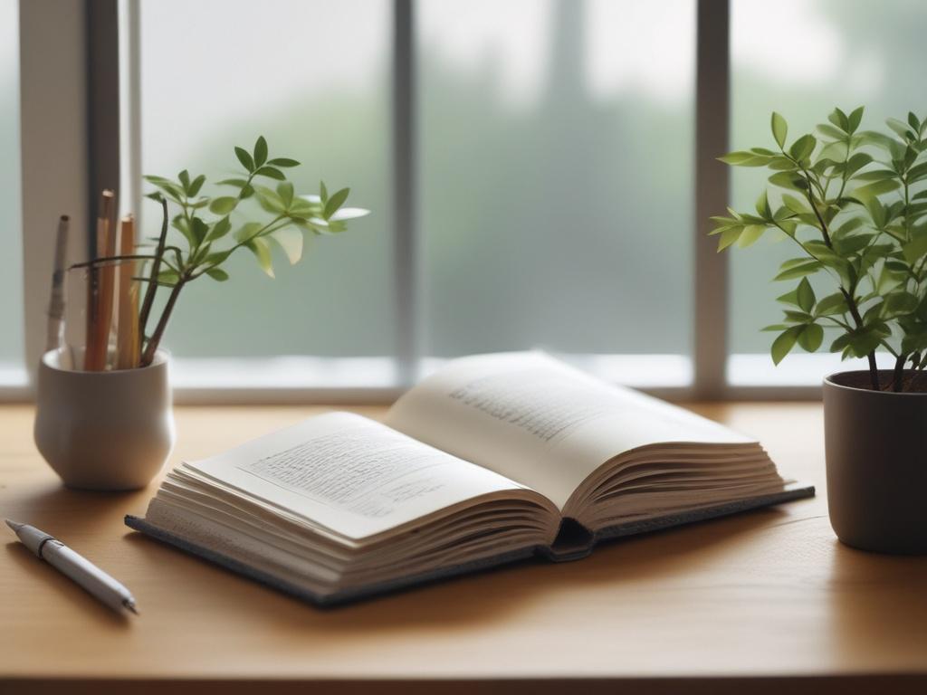 A realistic high-resolution photo of a serene workspace featuring a single open book with pages fluttering as if in a gentle breeze. The book rests on a minimalist wooden desk with clean lines. In the background, there is a soft-focus shelf filled with neatly arranged books and a potted plant, adding a touch of nature. The color palette is simple and calm, predominantly featuring shades of blue, harmonizing with the rgb(3, 125, 201) primary color. The composition is uncluttered, reflecting a peaceful and in