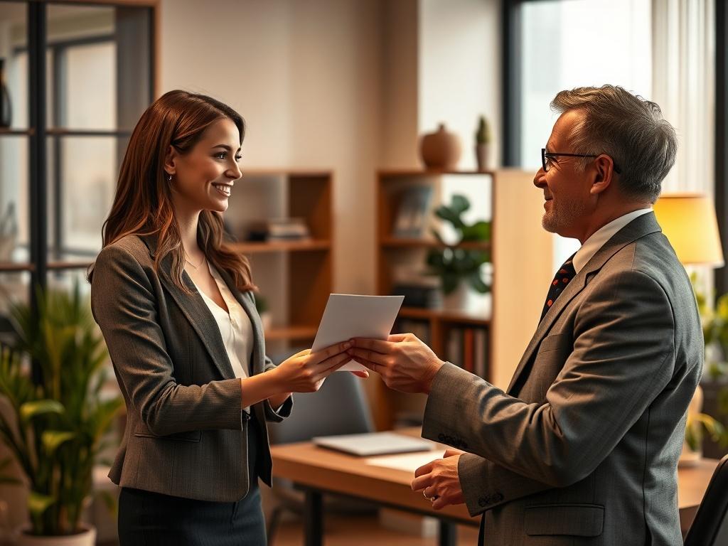 A serene and inviting scene featuring a young, attractive woman gracefully handing over a document to a distinguished gentleman, Dr. Frei, in an office setting. The woman exudes confidence and charm, dressed elegantly, with soft lighting creating a warm ambiance. The office is subtly decorated with plants and bookshelves, reflecting professionalism and tranquility. The colors in the image are harmoniously blended with golden hues, enhancing the feeling of warmth and collaboration.