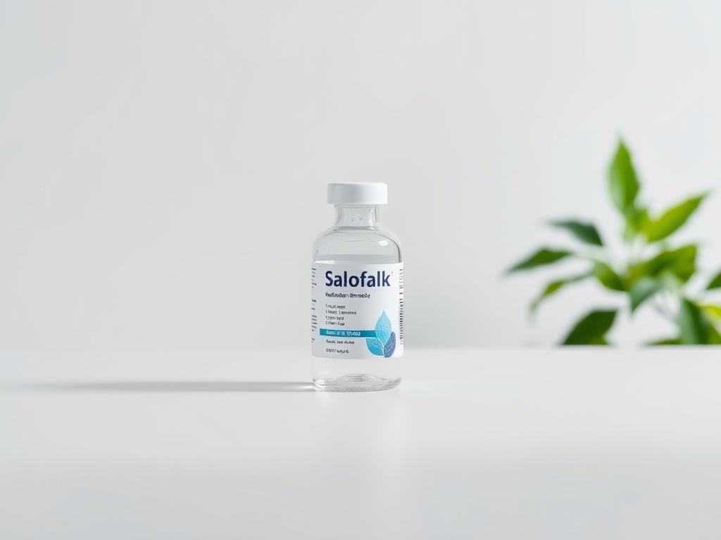 A realistic high-resolution photo depicting a single, clear bottle of Salofalk medication, sitting prominently on a clean, minimalistic white surface. The bottle should be neatly labeled, showcasing the brand name and dosage information, with a slight reflection on the surface below it. In the background, there should be a hint of blurred greenery, suggesting a natural remedy environment. The overall composition should convey a sense of clarity and focus, aligning with the theme of health and wellness.