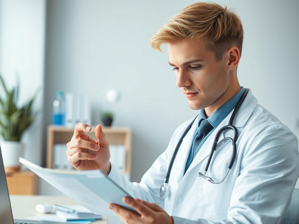A realistic high-resolution photo of a young, attractive blonde male doctor analyzing medical documents in a modern office setting. He has a focused expression as he uncovers a misdiagnosis and healing process. The background features clean lines and minimalistic decor, emphasizing a professional and serene atmosphere. The color scheme should incorporate shades of blue to align with the primary color of rgb(3, 125, 201).