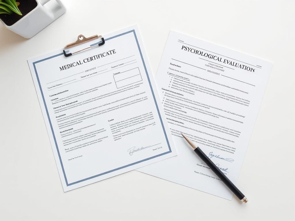 A realistic high-resolution photo of a medical certificate and psychological evaluation report laid out on a clean, minimalistic desk. The documents should be prominently displayed, showing detailed text and signatures, with a pen placed beside them. The background should be soft and neutral, ensuring the focus remains on the documents. The lighting should be bright but soft, highlighting the professionalism of the medical documentation.