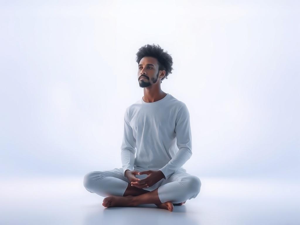 Create a highly realistic, high-resolution image that visually represents the concept of "Understanding Multidimensional Consciousness." Center the composition on a solitary human figure, a thoughtful individual of diverse ancestry, sitting cross-legged in a meditative pose. Position this person in the foreground, conveying a sense of serenity and contemplation. 

The background should be minimalistic yet profound, illustrating soft, ethereal layers of translucent colors that suggest depth and complexity wi