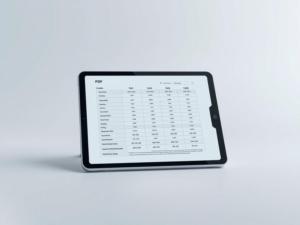 A futuristic PDF document displayed on a sleek modern tablet. The tablet features clean lines and a minimalist design, set against a simple, uncluttered background. The PDF layout showcases an organized table with clear headings and data points, emphasizing clarity and sophistication. The tablet is centered in the frame, with a focus on the document's content, using a color palette that harmonizes with the primary color rgb(3, 125, 201). The lighting is soft and inviting, highlighting the modern technology.