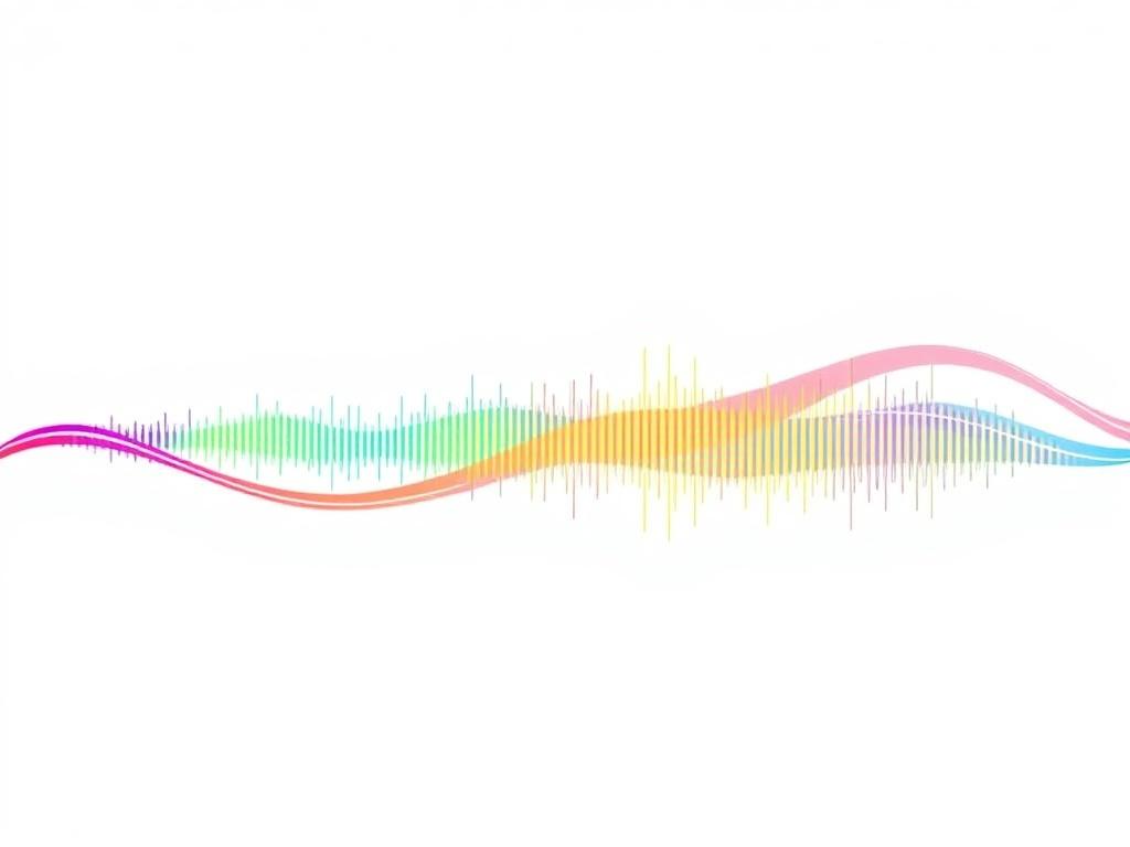 A realistic high-resolution image depicting colorful sound waves emanating in various frequencies against a clean white background. The composition should focus on the vibrant colors of the sound waves, showcasing their dynamic movement and energy. The waves should be the only subject in the image, creating a minimalistic and visually appealing look.