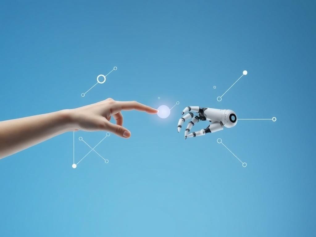 An artistic representation of collaboration between human and artificial intelligence. The image features a human hand reaching out toward a robotic hand, creating a connection in the center of the frame. Surrounding them are abstract shapes and lines that symbolize technology and innovation. The background is a gradient of blue hues, creating a calm and futuristic atmosphere. The composition is clean, focusing on the hands and the connection, highlighting the theme of unity and collaboration.