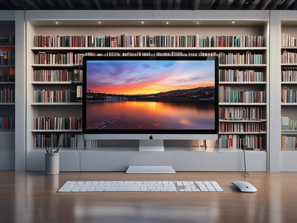 A realistic high-resolution photo showcasing a sleek and modern digital library environment. The focus should be on a single large screen displaying a vibrant and organized YouTube video library interface. The setting should have clean lines, minimalistic design, and a color scheme that incorporates the primary color rgb(3, 125, 201). The background should be softly blurred to ensure the screen is the main subject, evoking a sense of exploration and knowledge.