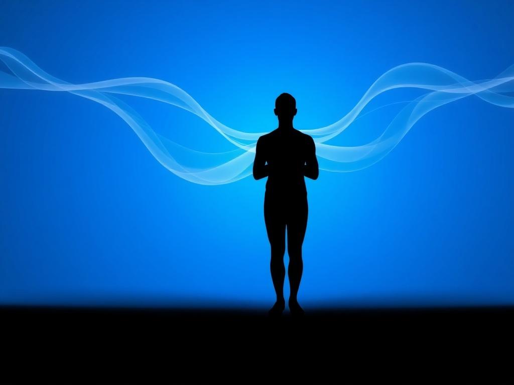A realistic high-resolution photo of a human silhouette standing against a vibrant blue background, symbolizing the concept of multidimensional consciousness. The silhouette should be in a meditative pose, surrounded by subtle waves of light representing energy manipulation. The composition should be clean and minimalistic, focusing on the silhouette and the flowing light, embodying the transformative potential of understanding consciousness. The colors should align with the primary color rgb(3, 125, 201), 