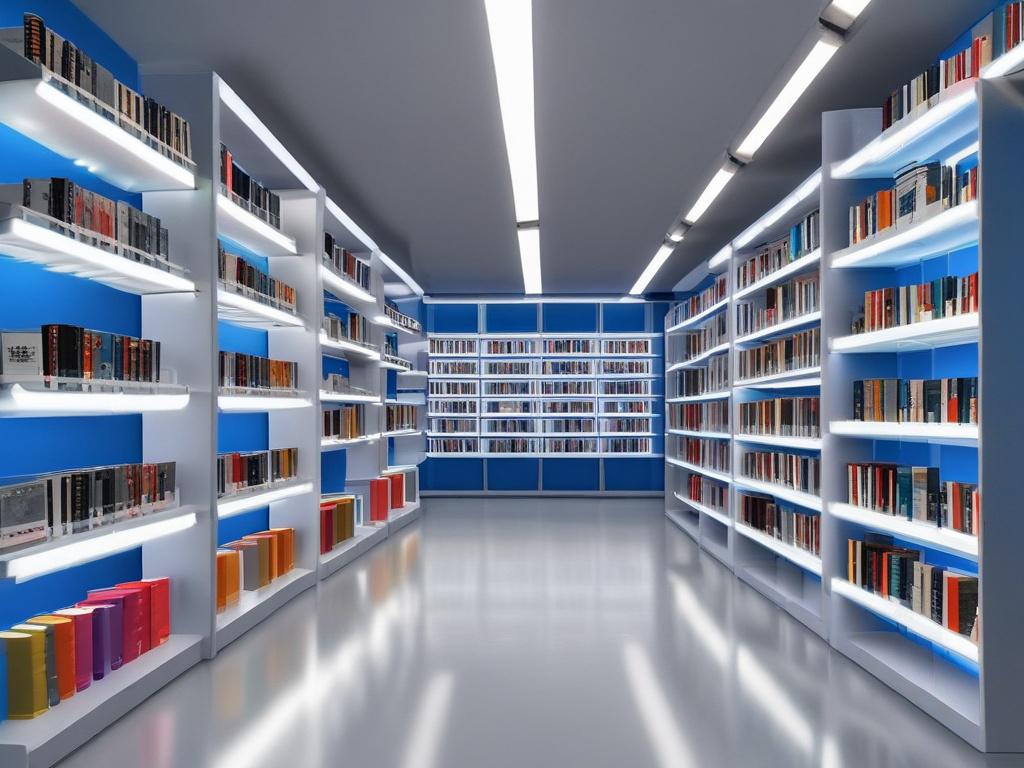 A futuristic PDF library with sleek, minimalistic design. The library features high-tech shelving units filled with luminous digital PDFs, glowing in vibrant blue tones. In the foreground, a single large screen displays an interactive interface showcasing various topics related to consciousness and AI. The background is a softly lit, modern space with clean lines and a serene atmosphere, emphasizing the importance of knowledge and collaboration. The color scheme incorporates bold vibrant colors, especially 