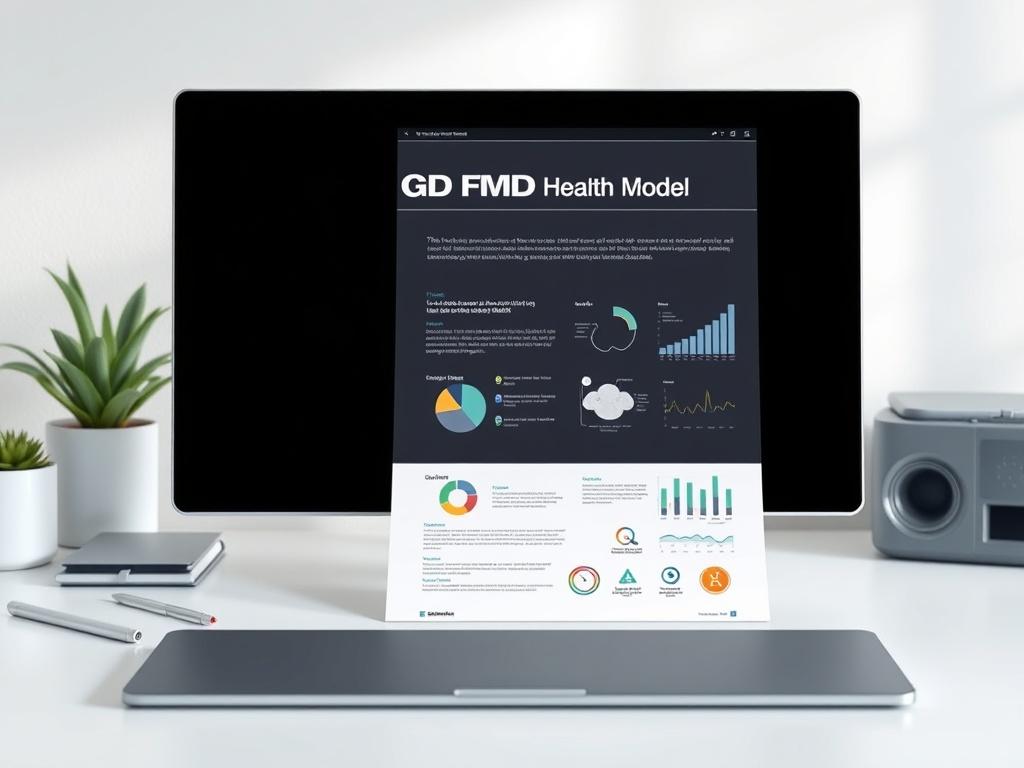 A sleek, futuristic PDF document titled 'GD FMD Health Model' displayed prominently on a clean, minimalist desk. The document has a modern design with clear headings and bullet points, showcasing elements related to health and wellness, such as graphs, charts, and health indicators. The background is softly blurred, emphasizing the document while maintaining a clean aesthetic with soft lighting.
