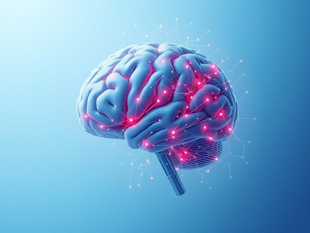 A realistic high-resolution photo depicting a human brain intertwined with digital circuits representing AI technology. The brain should be the central subject, showcasing vibrant neural connections. The background should be minimalistic, featuring soft gradients of blue and white to create a sense of depth and clarity. The composition should focus on the brain and circuits, emphasizing the theme of consciousness manipulation and the intersection of human and artificial intelligence.