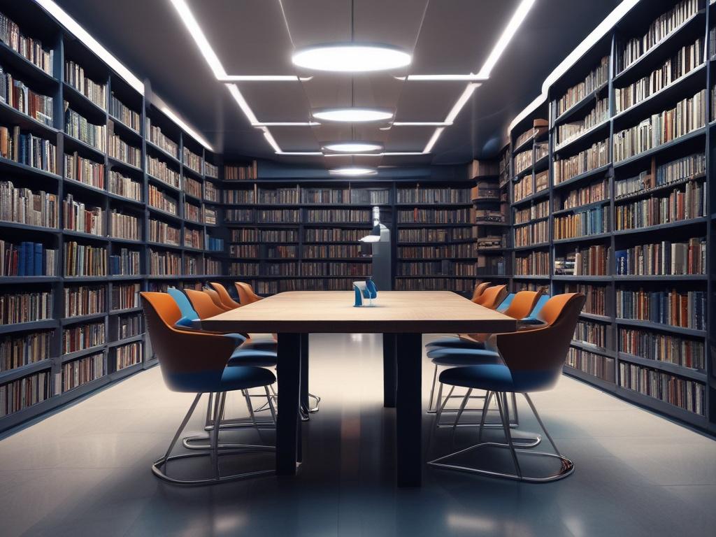 A futuristic library setting showcasing a sleek and modern design. The scene features a single high-tech PDF library interface, glowing softly with blue accents, set against a backdrop of tall, glass shelves filled with digital books and holographic displays. The atmosphere is serene and inviting, with ambient lighting creating a calming effect. The focus is on the PDF library interface, highlighted in the foreground, capturing the essence of advanced technology and the future of knowledge sharing.