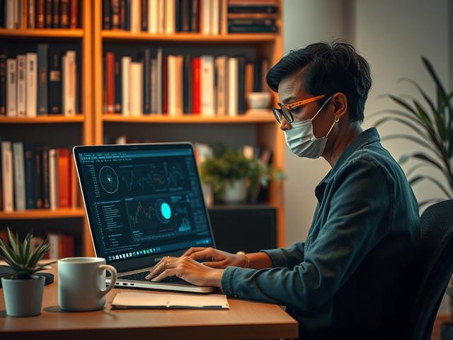 **AI Image Generation Prompt:**

Create a realistic high-resolution photo that visually represents the title "Understanding AI Hallucinations." The composition should be simple and clear, featuring a single subject – a thoughtful researcher or scientist in a cozy, modern office setting. The researcher, a middle-aged Black woman wearing glasses, should be sitting at a desk, deeply focused on her laptop screen that displays complex data visualizations and neural network graphs.

In the background, include a b