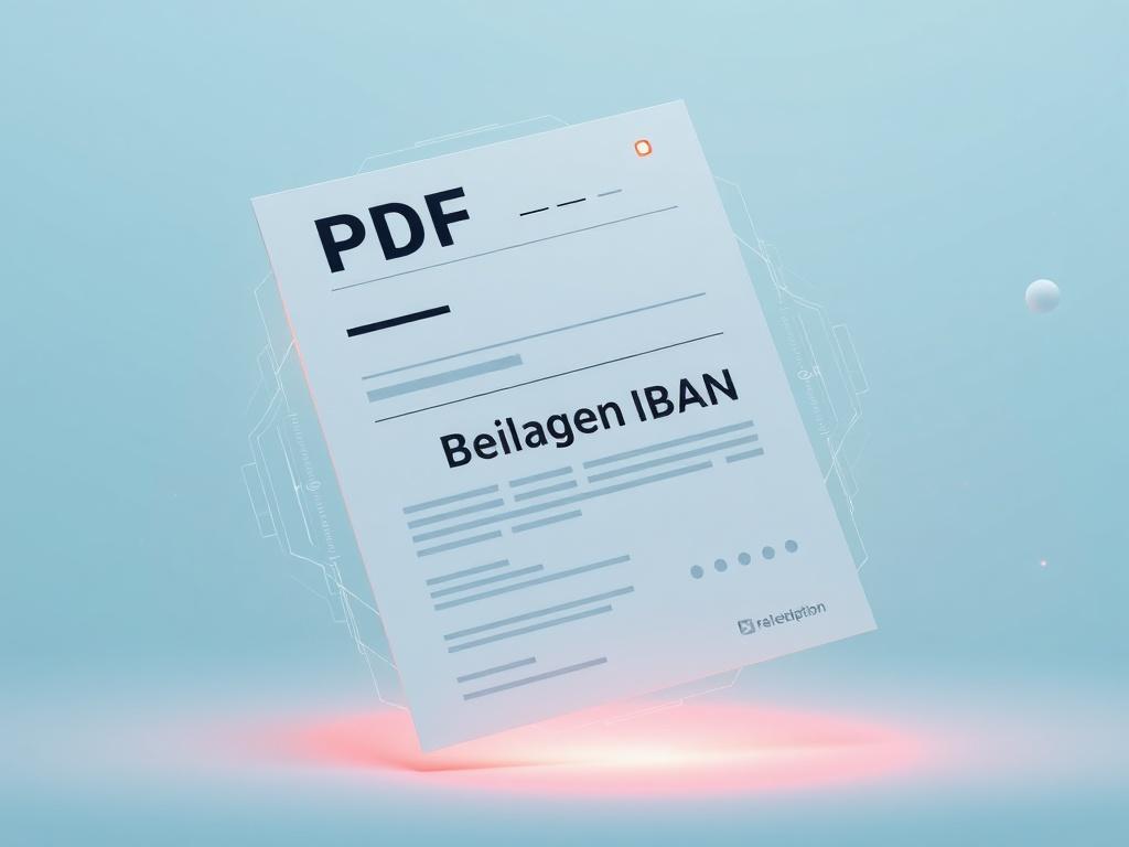 A realistic high-resolution image depicting a futuristic PDF document showcasing intricate designs and technology elements. The document should have a sleek, minimalist layout with a focus on the title 'Beilagen IBAN' prominently displayed. The background is a soft gradient of blue tones, enhancing the high-tech aesthetic. The document appears to be floating in space to emphasize its futuristic nature, with soft lighting highlighting its edges.