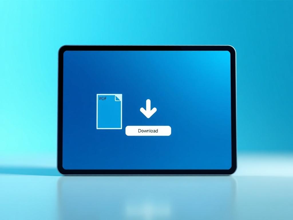A futuristic digital download page designed to showcase a PDF document. The layout should be clean and minimalistic, featuring a sleek interface with soft blue tones, incorporating elements like a prominent download button, and a preview of the PDF cover. The background should be a subtle gradient of blue to create a serene and inviting atmosphere, while the focus remains on the download page itself. The design should reflect advanced technology and ease of use, with a single sleek device displaying the dow