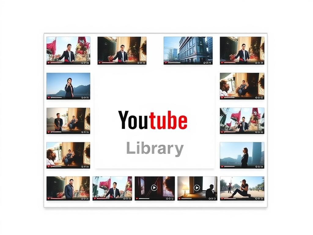 A realistic high-resolution photo of an organized YouTube Video Library on a white background. The library features a well-structured grid layout with various video thumbnails displayed prominently. Each thumbnail displays vibrant colors and engaging visuals to attract viewers. The overall composition is clean and minimalistic, emphasizing the ease of navigation and accessibility. The white background enhances the clarity of the video thumbnails, creating a fresh and inviting atmosphere.