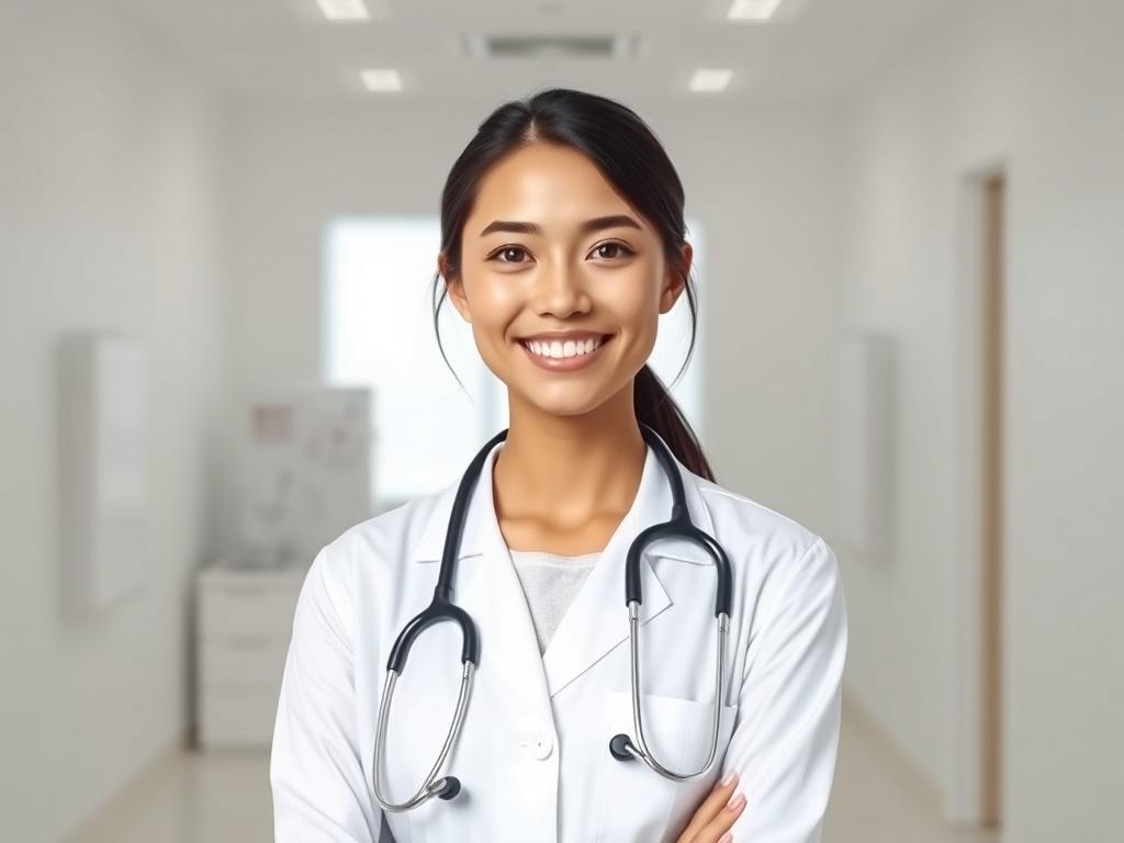 A realistic high-resolution photo of an attractive young female healthcare doctor. She is smiling confidently and wearing a white lab coat, with a stethoscope around her neck. The background is a clean and minimalistic clinic setting, featuring soft lighting and simple colors that convey a sense of calm and professionalism. The focus is on the doctor as the single subject, with negative space around her, emphasizing her welcoming demeanor.