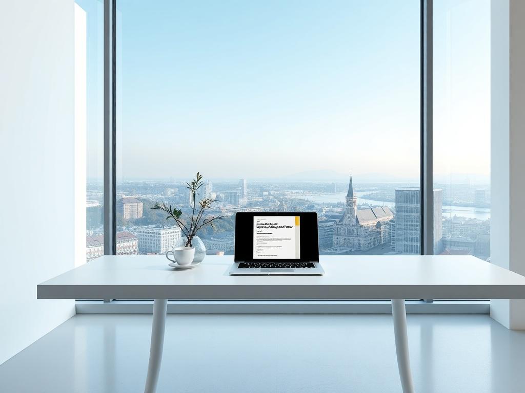 A realistic high-resolution photo depicting a modern office environment with a clean minimalist design. The focus is on a sleek, open desk with a laptop displaying a PDF titled 'Schweiz psychologischer hybride warfare Summary'. The desk is adorned with a simple, elegant plant and a cup of coffee. In the background, a large window reveals a serene cityscape of Zurich. The color palette is dominated by soft blues and whites, with a touch of green from the plant, emphasizing a calm and focused atmosphere.