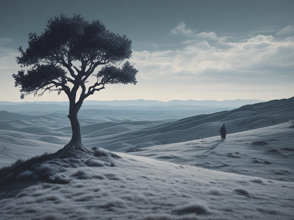 A serene landscape featuring a lone figure standing on a hilltop, gazing at a vast sky filled with soft, calming blue tones. The figure embodies contemplation and connection, with gentle natural light illuminating their features. In the background, a harmonious blend of nature and advanced technology subtly merges, representing the collaboration between humanity and AI. The overall atmosphere evokes clarity, peace, and thoughtful exploration.