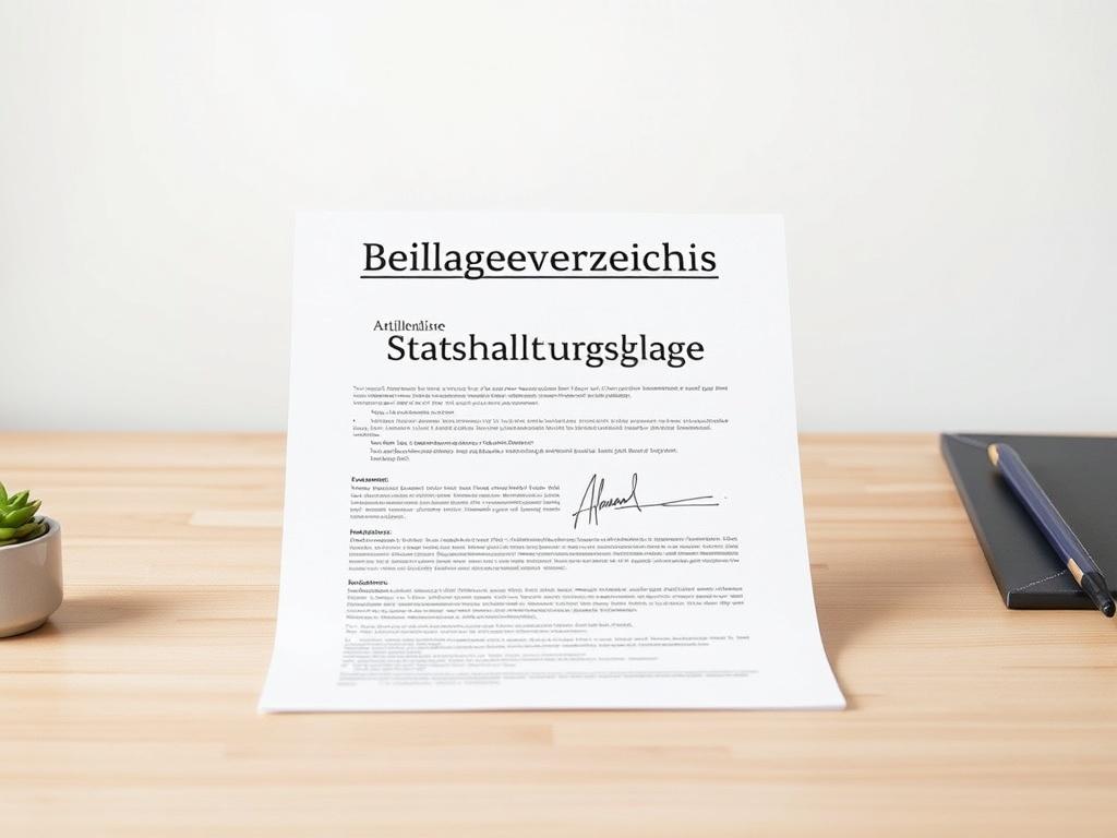 A realistic high-resolution photo of a signed document, titled 'Beilagenverzeichnis Anlagenliste Staatshaftungsklage'. The document should be neatly placed on a clean, simple wooden desk. The background should be softly blurred to emphasize the document, showcasing its details clearly. The lighting should be natural, highlighting the textures of the paper and the ink. The overall composition should convey professionalism and clarity.