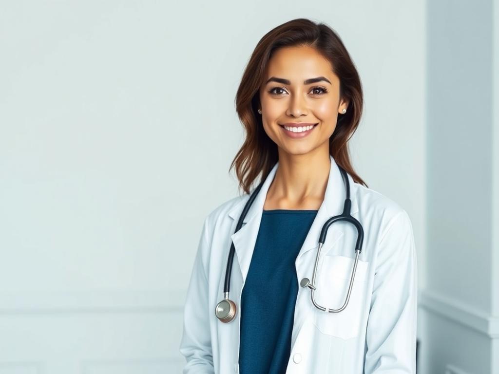 A young, attractive medical doctor with a warm and inviting smile, standing confidently in a clean, minimalistic office environment. She is dressed in a professional white coat, exuding a sense of calm and reassurance. The background features soft blue tones and simple lines, creating a serene atmosphere. The focus is solely on her, embodying expertise and empathy, with subtle lighting that highlights her features, promoting a sense of trust and support for chronic stress management.