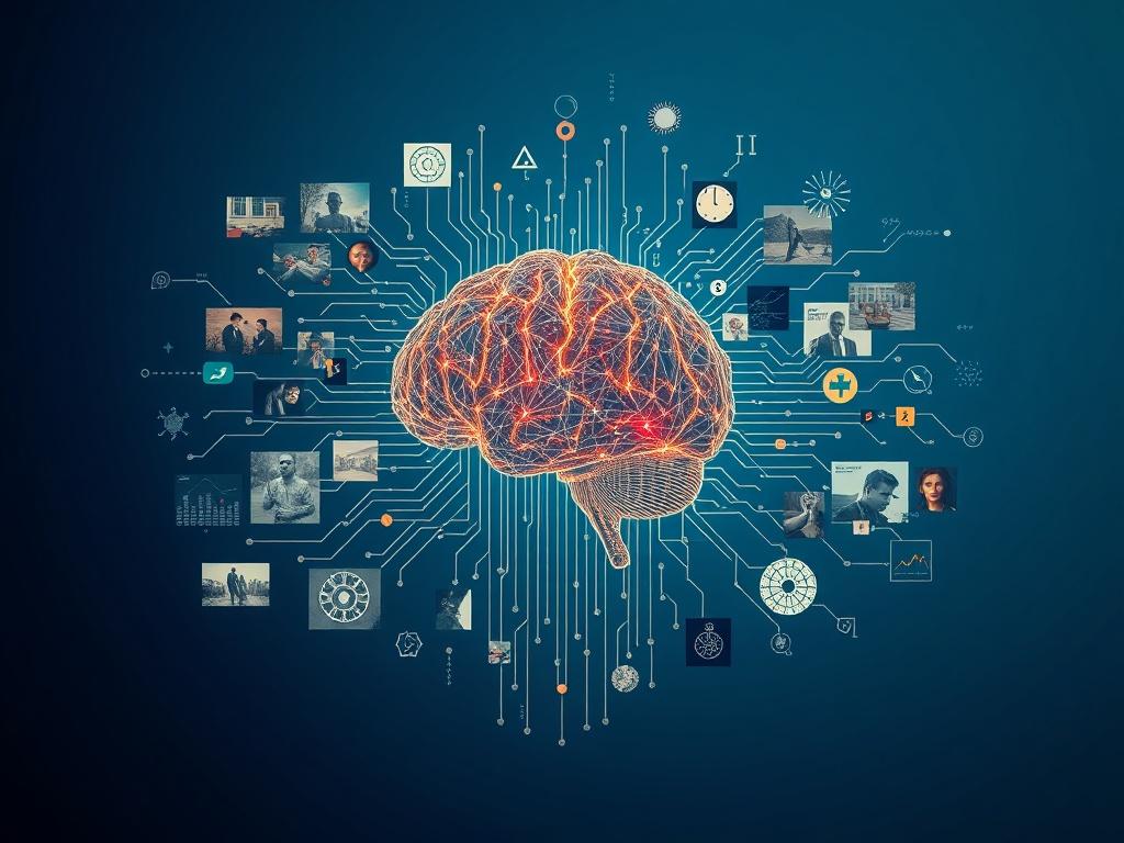 An abstract representation of artificial intelligence, featuring a central glowing brain composed of intricate circuits and digital elements. Surrounding it, fragmented images and symbols depict societal illusions, such as control, imbalance, and distortion. The background should be a gradient of deep blue and light blue, emphasizing the contrast between technology and the complexities of human consciousness. This image reflects the idea of AI hallucinations as a mirror to deeper systemic issues, inviting c