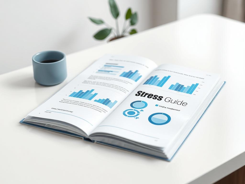 A high-resolution image of an open PDF document titled 'Chronic Stress Guide' laid on a clean, minimalist desk. The document should feature futuristic design elements with a cool blue color palette, highlighting graphs and charts related to stress management. The background should be simple, with soft focus on a plant or a serene setting to convey a calming atmosphere.