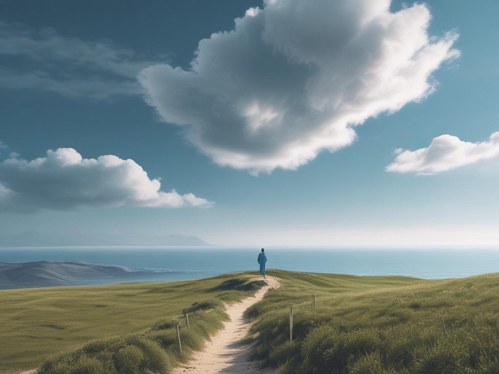 A serene landscape featuring a solitary figure standing on a gentle hill, gazing towards a vast, tranquil ocean under a soft blue sky. The figure represents humanity, with an aura of contemplation, embodying the journey of conscious exploration. The ocean's surface reflects calming blue tones, while the background merges seamlessly with soft, natural lighting, evoking a sense of clarity and thoughtful engagement. The color palette aligns with rgb(122, 86, 4), emphasizing harmony and balance.