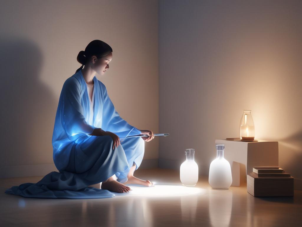 A serene, high-resolution image of a person sitting in a quiet, softly lit room, deeply engaged in contemplation while holding a glowing, transparent device that displays flowing chemical formulas and wave patterns. The background features calming blue tones, with soft natural light filtering through a window, creating an atmosphere of clarity and thoughtful exploration.