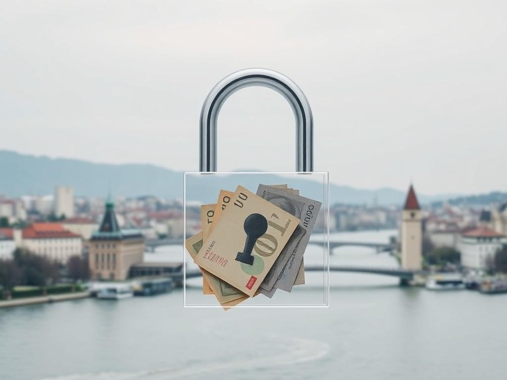 A realistic high-resolution photo depicting a symbolic representation of corruption and financial blockage in Zurich. The image features a cityscape of Zurich in the background, showcasing iconic buildings and the river. In the foreground, a large, transparent lock symbolizes the concept of financial restrictions, while faded currency notes and documents are subtly integrated around it. The overall composition should convey a sense of tension and urgency, with clean lines and minimalistic design elements, f