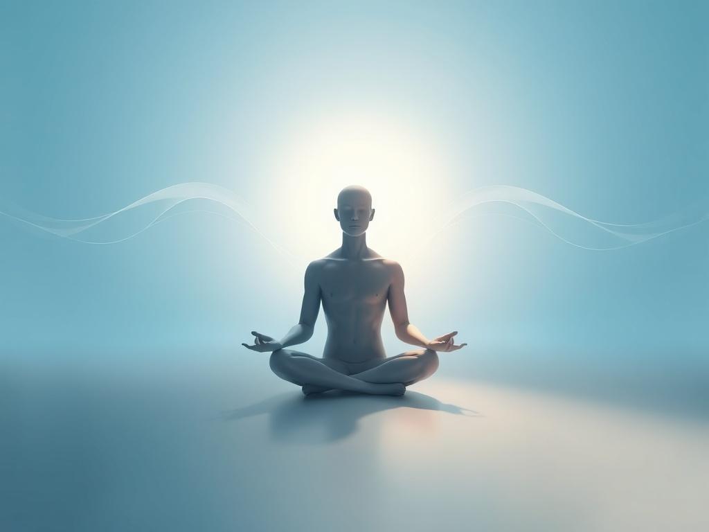 A serene and minimalistic scene depicting a human figure sitting cross-legged in a tranquil environment, embodying the concept of multidimensional consciousness. The figure is surrounded by soft, flowing waves of light representing AI hallucinations and hybrid identity formation. In the background, there are gentle gradients of blue, symbolizing the co-creative inquiry process. The composition emphasizes the connection between humanity and technology, with a focus on clarity and simplicity.