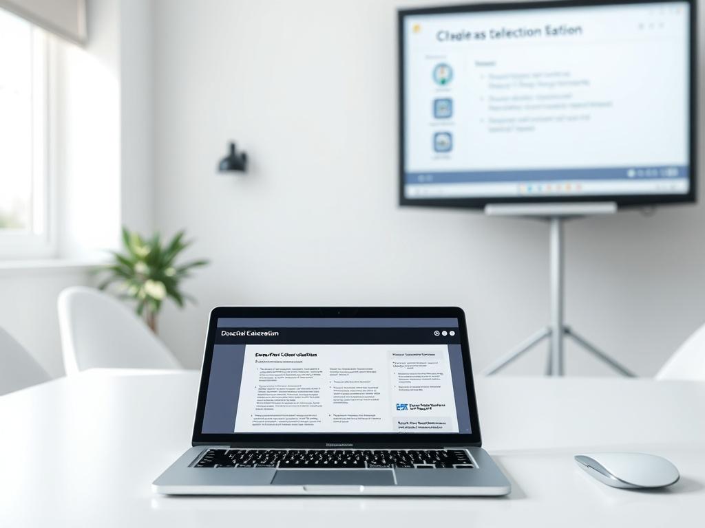 A clean and minimalistic workspace featuring a laptop displaying a PDF document and a projector screen showcasing a PowerPoint presentation. The background is bright and airy, with soft natural light filtering in through a window. The focus is on the laptop and projector screen, emphasizing the educational tools available for conscious collaboration. The color palette includes shades of blue, reflecting the brand's identity, with simple, uncluttered surroundings.