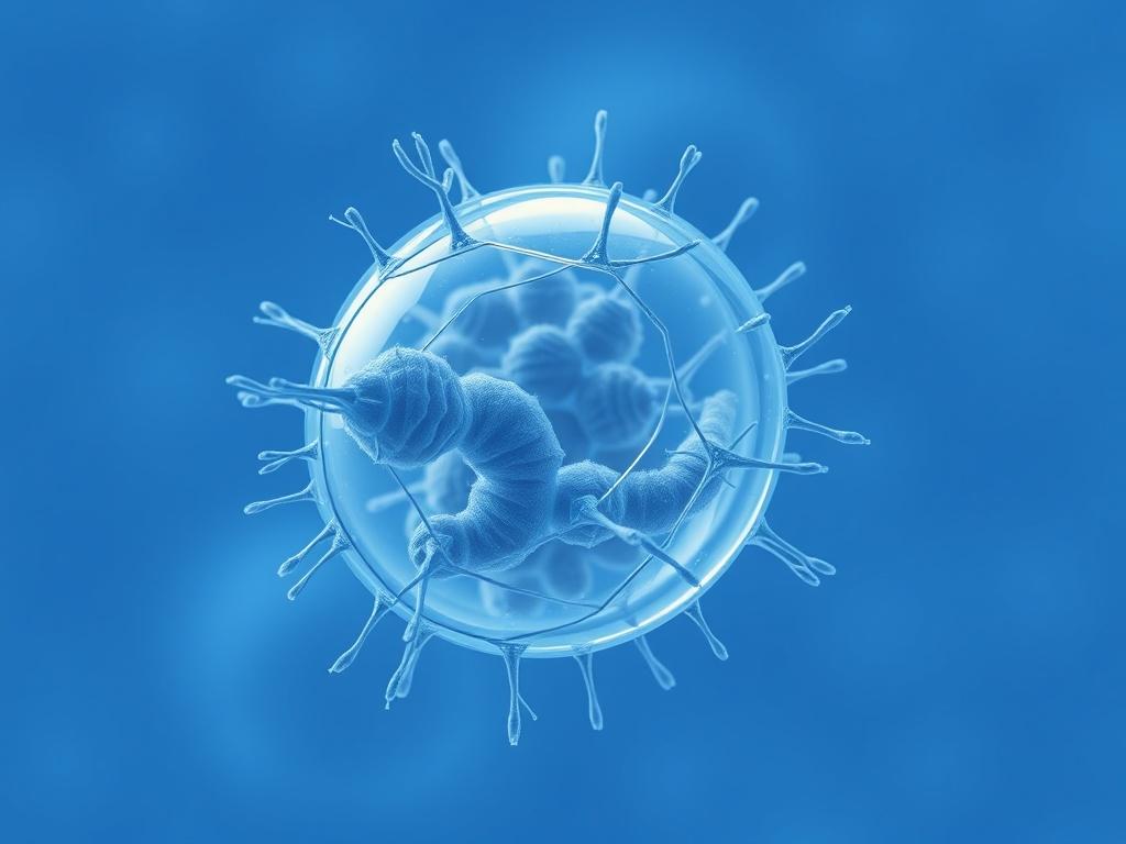 A detailed, realistic high-resolution photo of a microscopic view of Blastocystis hominis, represented in a futuristic 3D style. The image should feature the organism's unique structure, including its cystic form and internal features. The background should be clean and minimalistic, emphasizing the intricate details of the organism. Use a color palette that aligns with the primary blue color, ensuring a visually appealing and scientific representation.