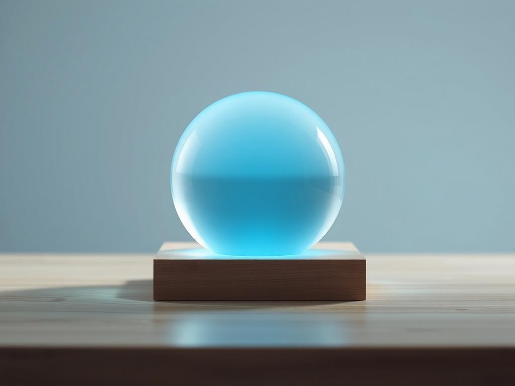 A realistic high-resolution photo of a crystal intelligence ball sitting on a minimalist wooden table. The ball glows softly in shades of blue, reflecting light in an ethereal manner. The background is softly blurred, emphasizing the ball as the central subject. The scene is bright and clean, with simple colors and a focus on essential elements, creating a sense of tranquility and depth.