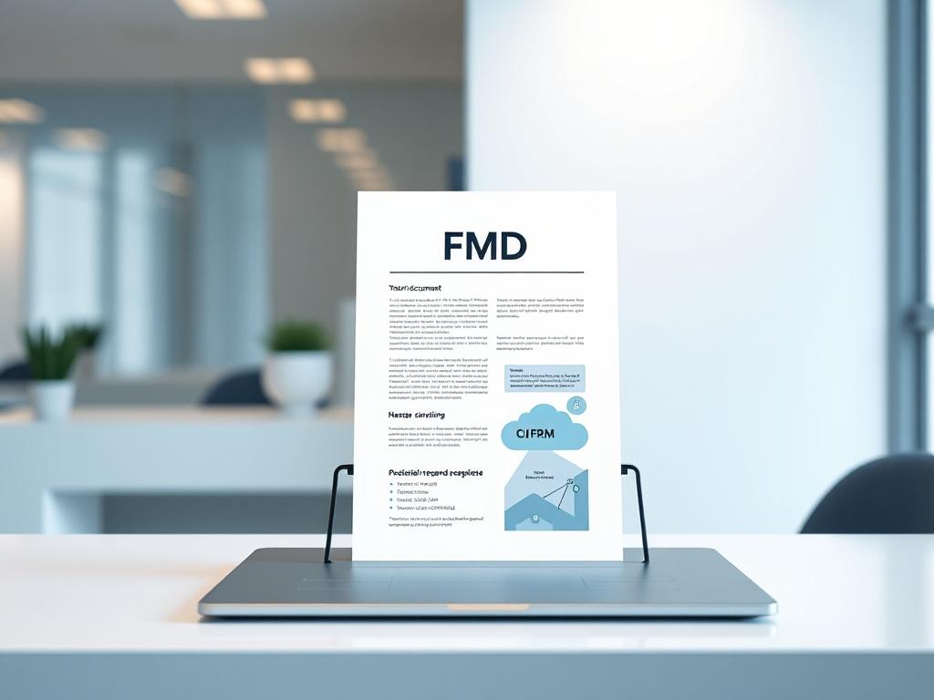 A realistic high-resolution photo of a futuristic document titled 'FMD', displayed prominently on a sleek, minimalistic desk. The document should have clean lines and modern graphics, showcasing a blend of technology and innovation. The background should be softly blurred to emphasize the document, with gentle lighting highlighting its features. The overall color palette should include shades of blue, reflecting the primary color of the brand.