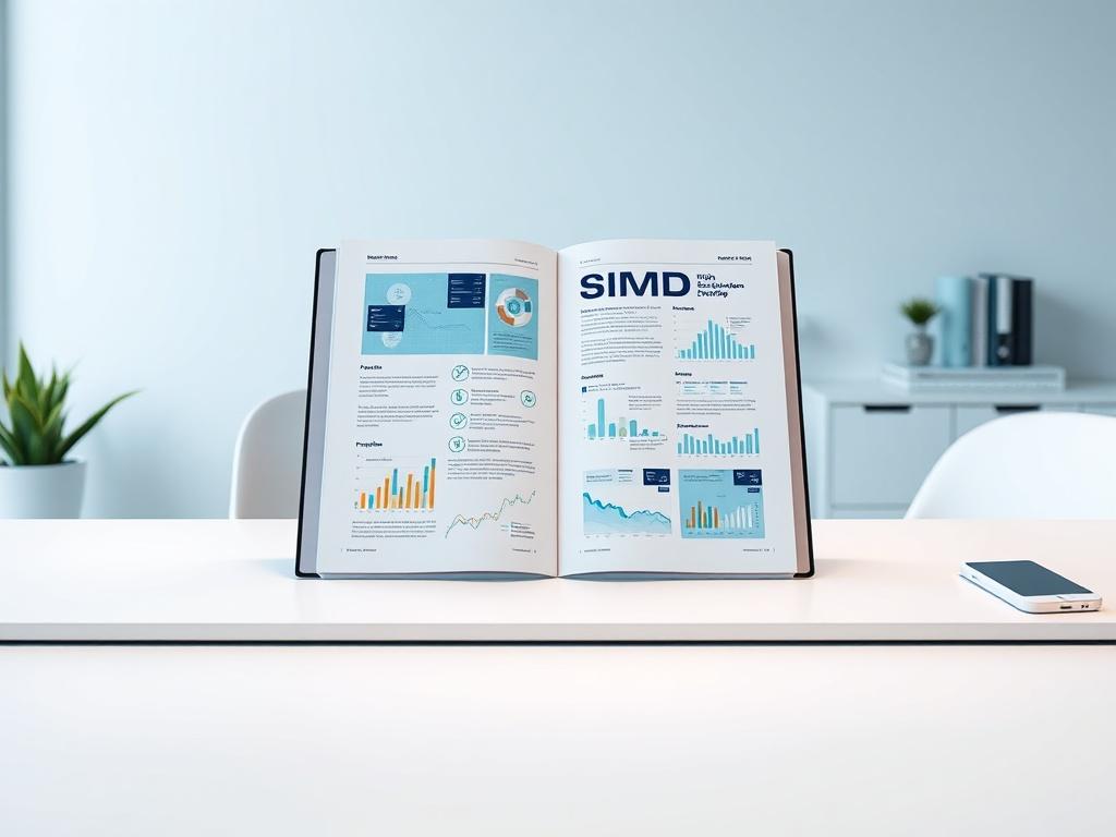 A futuristic high-resolution PDF document titled 'SIMD' displayed on a sleek, minimalistic desk. The document is open, showcasing vibrant graphics and complex data visualizations. The background features a clean, modern workspace with soft lighting and a hint of greenery, creating an inspiring and innovative atmosphere. The color palette includes shades of blue, aligning with the brand's primary color, rgb(3, 125, 201). The overall composition emphasizes clarity and simplicity, focusing on the document as t