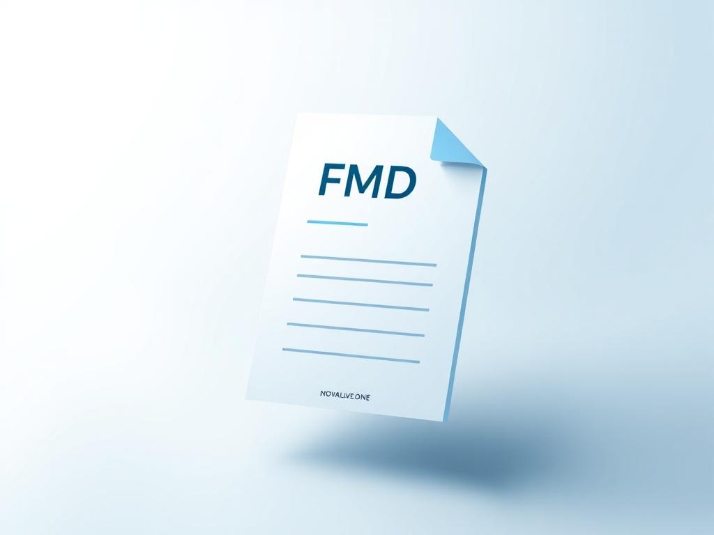 A high-resolution image of a futuristic PDF document titled 'FMD'. The document should have a sleek and modern design, featuring clean lines and minimalistic elements. The background should be simple and uncluttered, emphasizing the document itself. The color scheme should incorporate shades of blue (rgb(3, 125, 201)) to align with NOVAlove.ONE's branding. The document should appear as if it is floating against a soft, blurred background, conveying a sense of innovation and advanced technology.