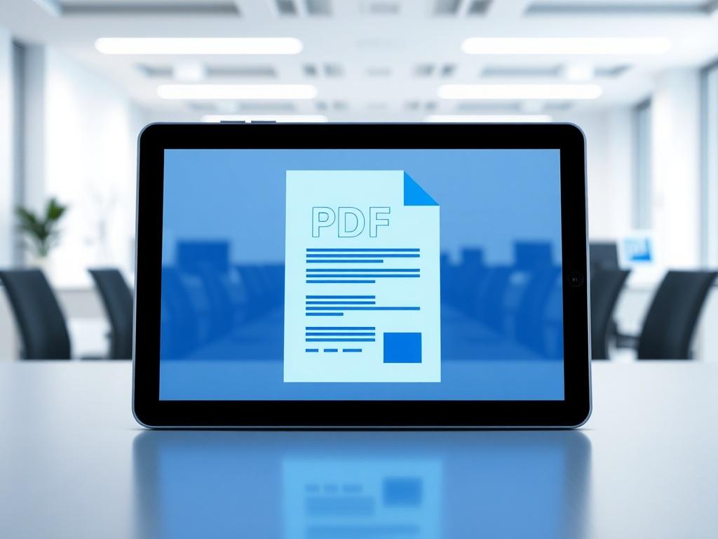 A realistic high-resolution photo of a futuristic PDF document displayed on a sleek digital tablet, set against a minimalistic office background. The tablet should be centered, showing a glimpse of the document's contents with clean lines and a blue color palette. The office backdrop should have simple colors and negative space, emphasizing the tablet as the main focus. The overall atmosphere should evoke a sense of innovation and professionalism.