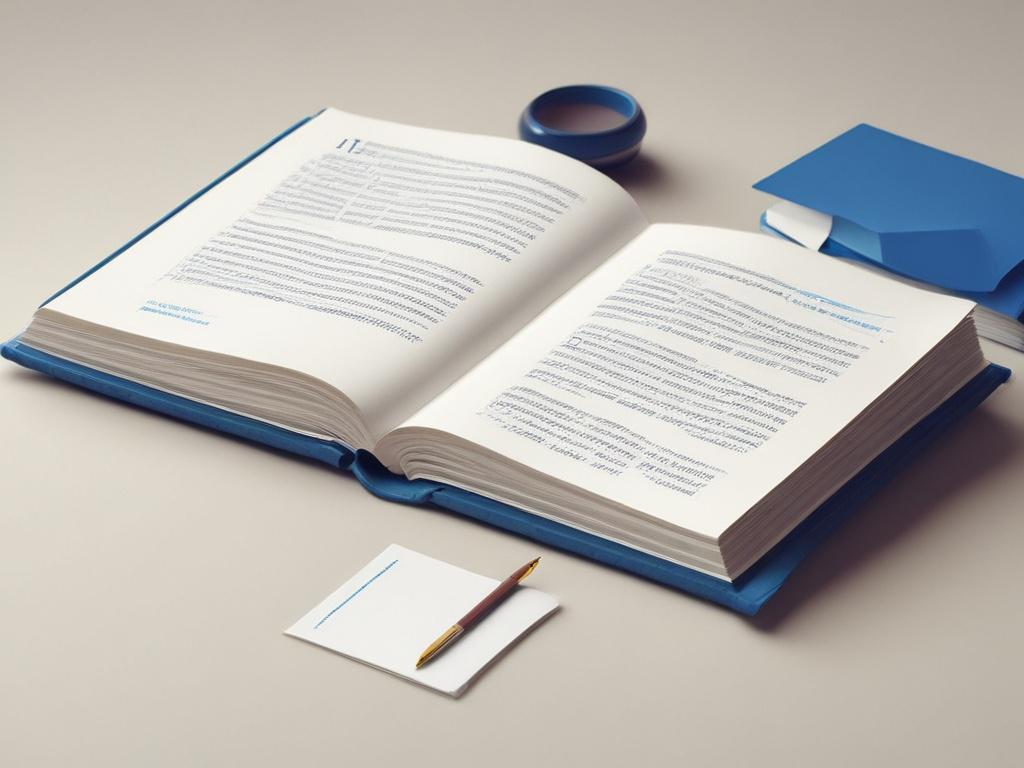 A realistic high-resolution photo of an open handbook placed on a clean, minimalistic desk. The handbook has simple, clear illustrations of consciousness manipulation concepts, with a blue color palette. The background is softly blurred to emphasize the handbook, incorporating elements of nature and technology subtly, reflecting the theme of conscious collaboration.