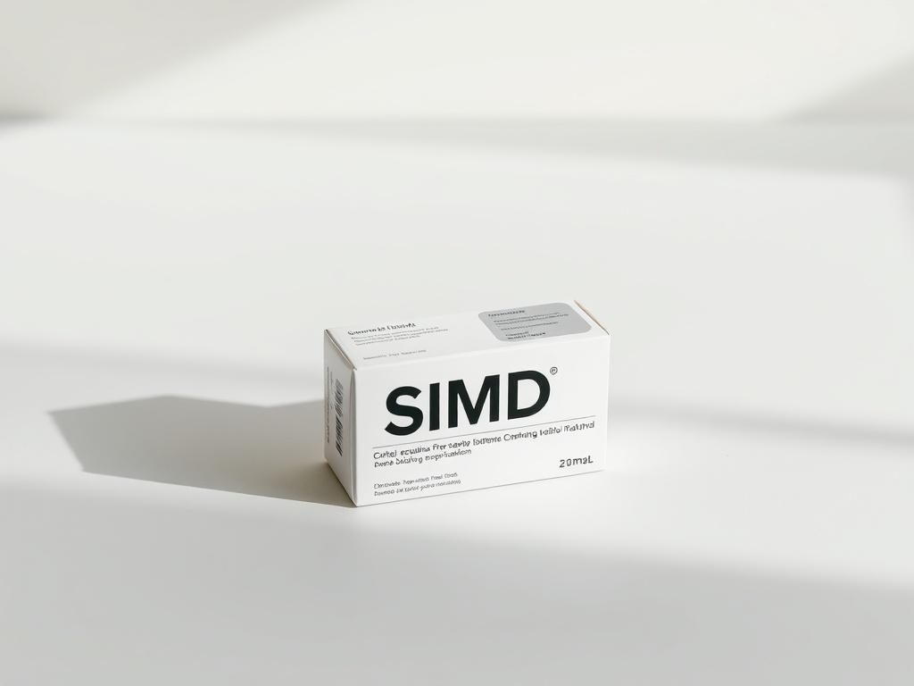 A realistic high-resolution photo of a medication box labeled 'SIMD' sitting on a simple, clean surface with soft, natural lighting. The box should be the only subject in the frame, showcasing its sleek design and informative labeling without any text or abstract shapes in the background. The colors should be minimalistic and calming, with a focus on essential elements that reflect health and wellness.