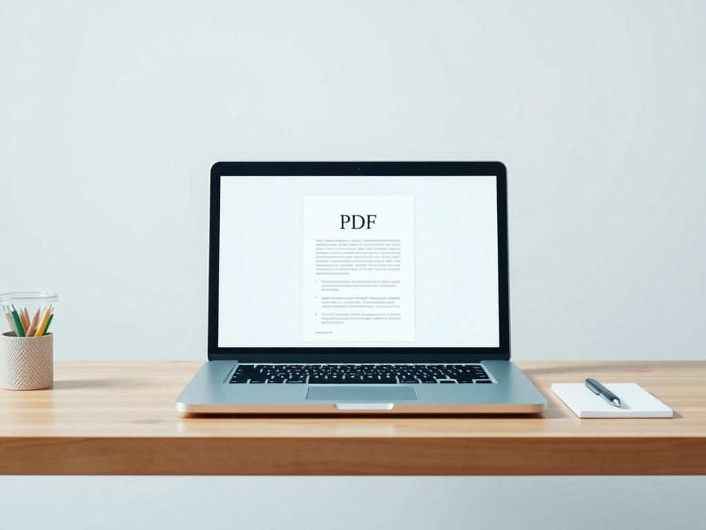 A realistic high-resolution photo of a clean, minimalistic workspace featuring a single, open laptop displaying a PDF document. The laptop is placed on a simple wooden desk, surrounded by a few essential items like a notepad and a pen. The background is softly blurred, emphasizing the laptop and the document on the screen. The overall color palette is calm and serene, incorporating shades of blue and white, reflecting the primary color rgb(3, 125, 201). The scene conveys a sense of clarity and focus, ideal 