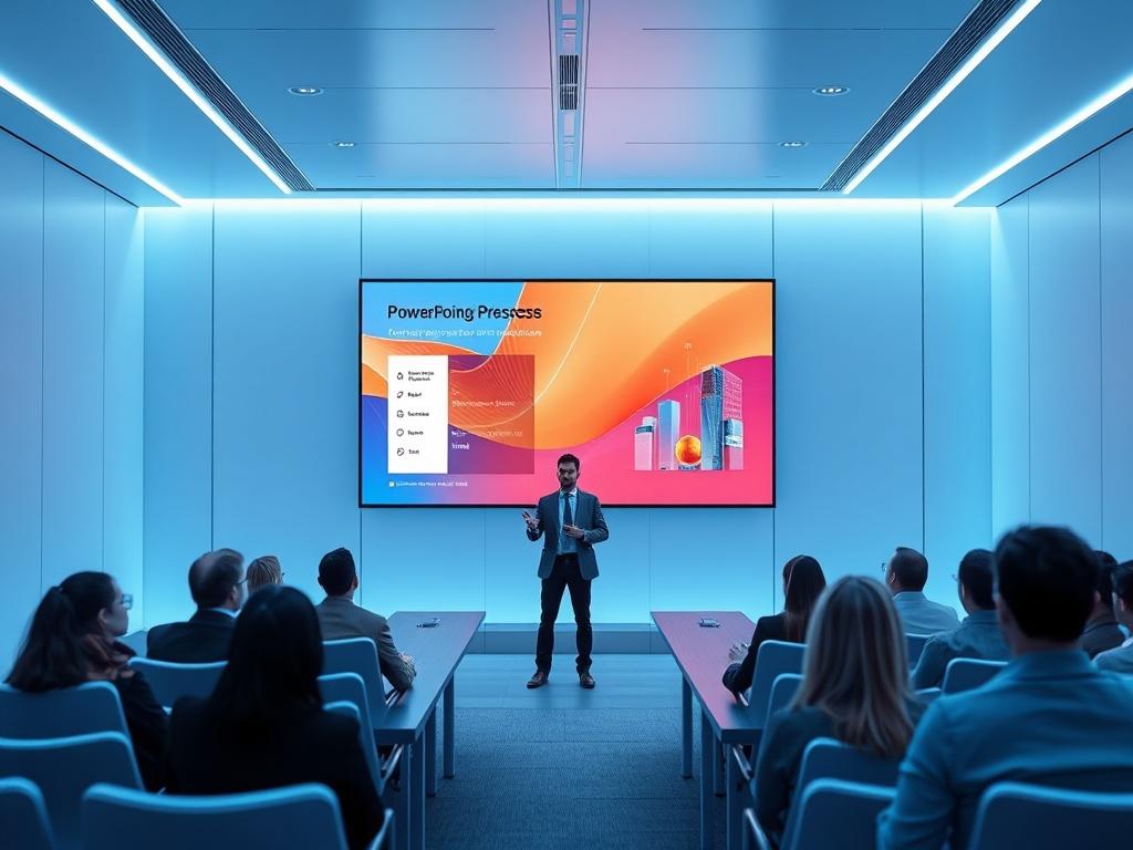 Create a realistic high-resolution image of a futuristic PowerPoint presentation setting. The composition should feature a sleek, modern conference room with a large digital screen displaying a vibrant, visually engaging presentation. The background should be minimalistic with clean lines and soft lighting, emphasizing the high-tech environment. Include a single subject, a person dressed in professional attire, confidently presenting to an audience. The overall color scheme should incorporate shades of blue