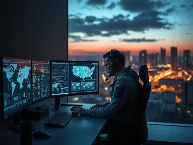 Create a realistic high-resolution image that visually represents the theme of "Hybrid Warfare Psyops." The composition should be simple and clear, focusing on a single subject. Center the image around a lone figure, a military intelligence officer, dressed in a modern tactical uniform, sitting at a sleek, high-tech workstation. The officer should have a focused expression, analyzing various digital screens displaying complex data, maps, and infographics related to psychological operations.

In the backgrou
