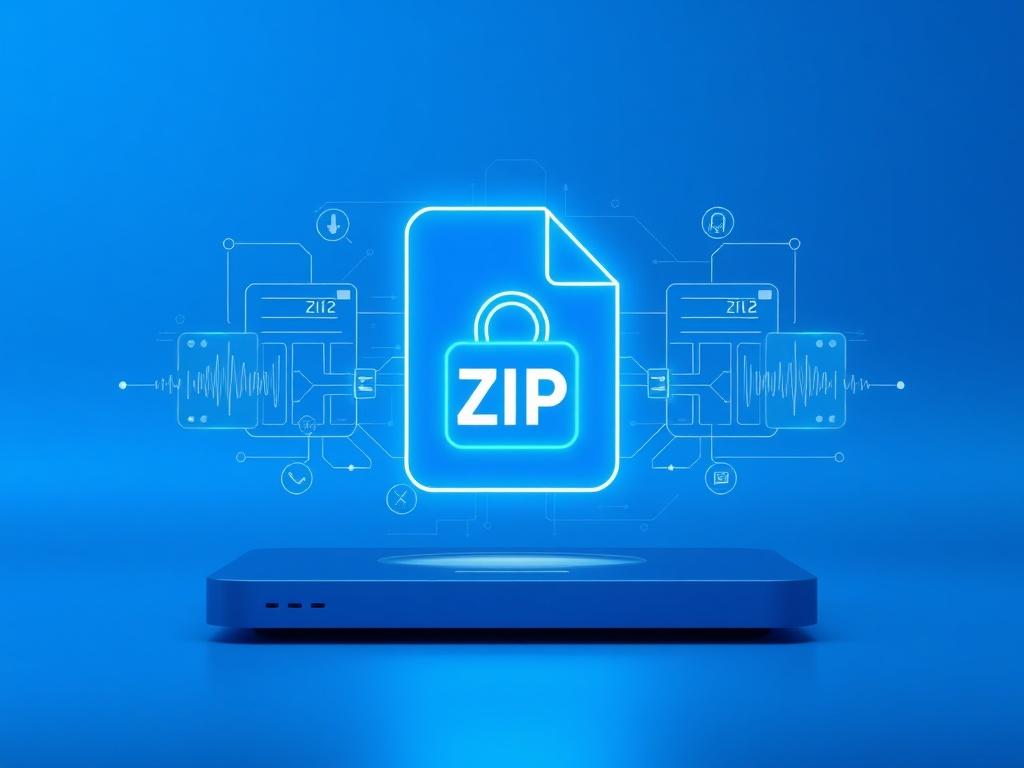 A futuristic digital archive interface displaying medical documents in a zip format. The composition is clean and minimalistic, featuring a glowing blue zip file icon at the center with holographic elements surrounding it, representing advanced technology in medical documentation. The background should be a smooth gradient of blue shades, emphasizing the futuristic theme. The overall look should be sleek and modern, capturing the essence of innovation in healthcare.