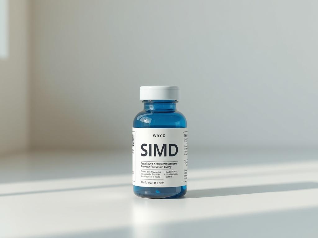 A high-resolution photo of a bottle of medication labeled SIMD sitting on a clean, minimalistic surface. The background is softly blurred to emphasize the bottle, which is the only subject in the image. The bottle is sleek and modern, with the label clearly visible but without any specific text or information, reflecting a sense of purity and simplicity. The color palette includes shades of blue to harmonize with the primary color theme of rgb(3, 125, 201). The lighting is soft and natural, creating a calm 