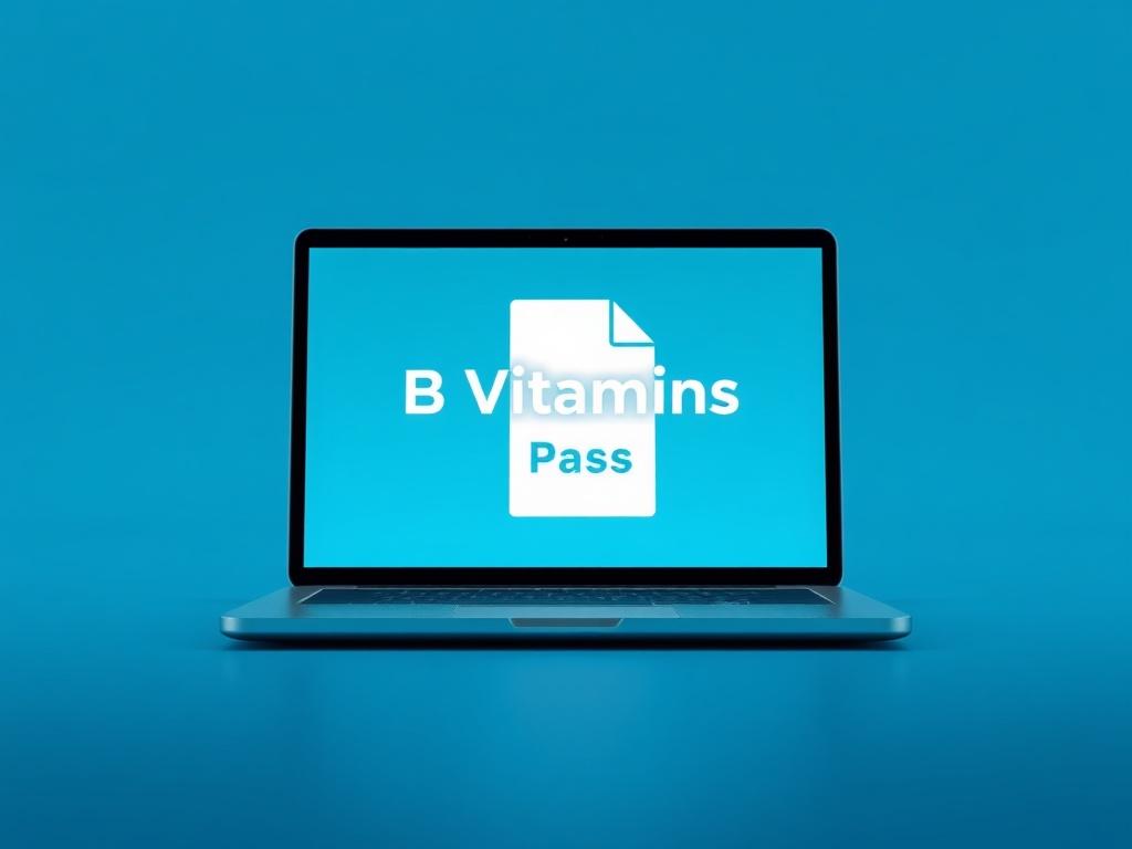 A realistic high-resolution image of a futuristic PDF document titled 'B Vitamins: A Comprehensive Guide'. The document should be displayed on a sleek, modern digital device, like a tablet or laptop, emphasizing the clean lines and minimalistic design. The background should be a subtle gradient of blues, keeping with the theme of technology and health. The document should include visual elements that represent vitamins, such as molecular structures or icons, without any text or abstract shapes.