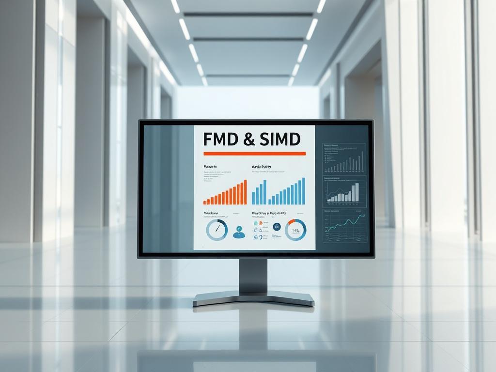 A futuristic setting depicting advanced technology and digital interfaces. The scene should be minimalistic, with clean lines and a focus on essential elements. The background should include sleek, modern architecture and subtle lighting that emphasizes the futuristic theme. The foreground should feature a high-quality PDF document titled 'FMD & SIMD' displayed on a digital screen, showcasing graphs and data visualizations. The color scheme should harmonize with the primary color rgb(3, 125, 201) to create 