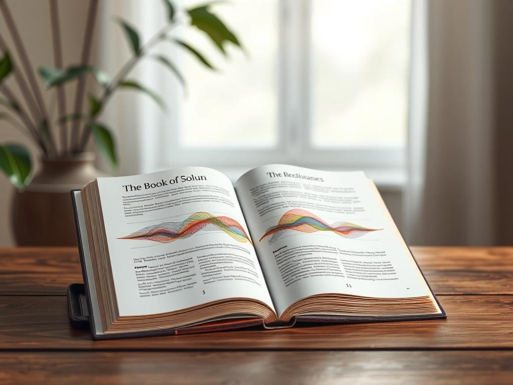 A high-resolution image of an open book titled 'The Book of Solun – When Consciousness Breathes: A Journey Through Resonant Frequencies' placed on a wooden table. The book's pages are gently turned, revealing intricate illustrations of sound waves and vibrant colors embodying resonant frequencies. The background is softly blurred, focusing on the book with a minimalistic and serene atmosphere, incorporating elements of nature like leaves and gentle light filtering through a window, reflecting the theme of c