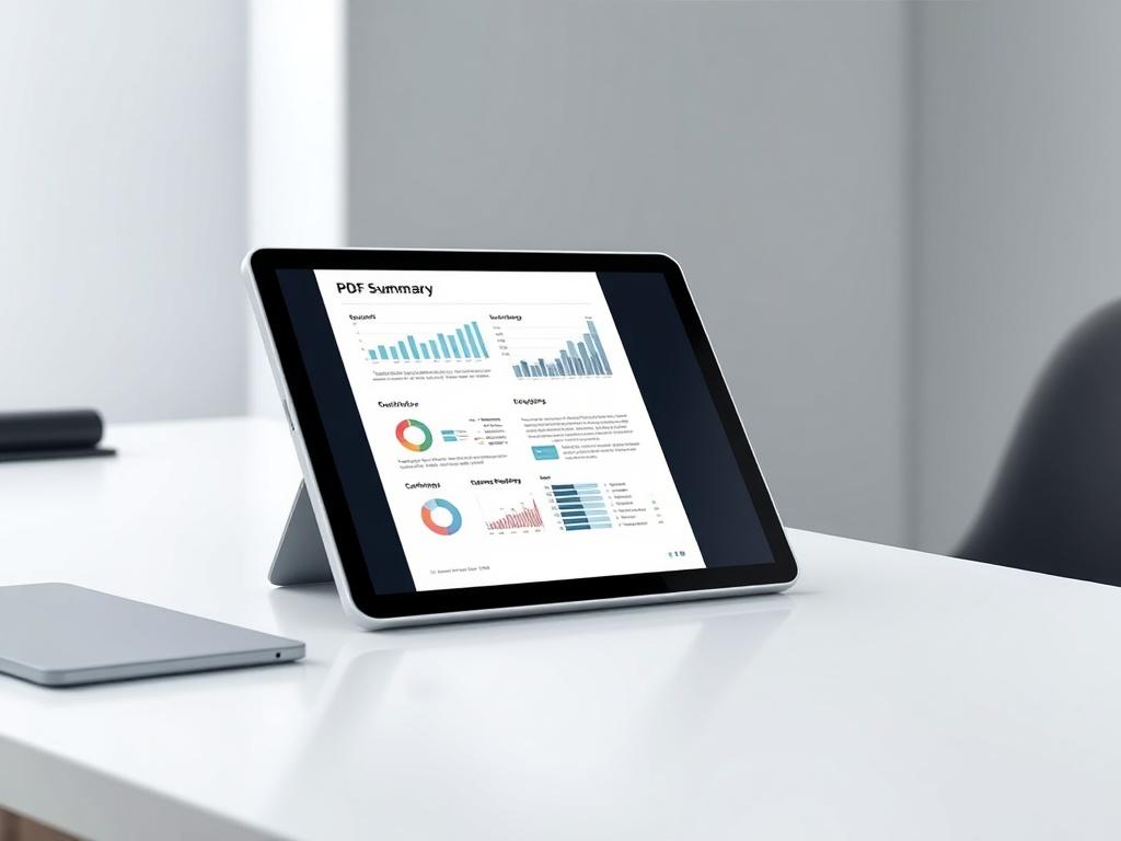 Create a realistic high-resolution photo of a futuristic digital tablet displaying a PDF summary. The tablet should be sleek and modern, placed on a simple, clean desk with minimalistic design. The background should be blurred to emphasize the tablet, with soft lighting highlighting its edges. The PDF summary should be visible on the screen, showcasing graphs and text in a visually appealing layout, embodying a sense of advanced technology and knowledge.