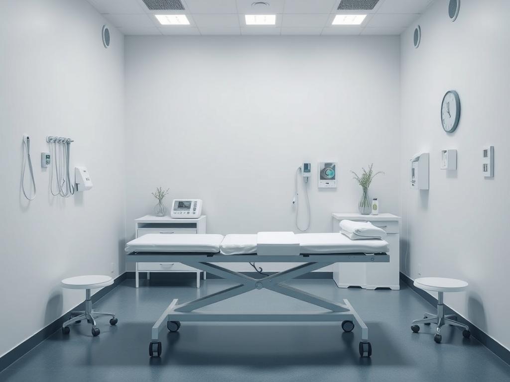 A solemn and sensitive depiction of a medical treatment room. The room is minimally furnished with a clean examination table, soft lighting, and subtle decorations that convey a sense of care and safety. The focus is on a single empty examination table, symbolizing vulnerability and trust in a medical setting. The background should be softly blurred to emphasize the table while maintaining a calm and respectful atmosphere. The color palette should incorporate soothing blues and whites, aligning with the the